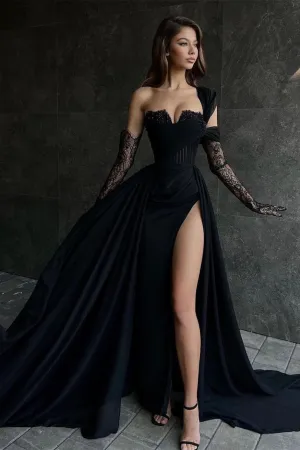 Elegant Long Black One Shoulder Sleeveless Lace Prom Dresses With Sit
