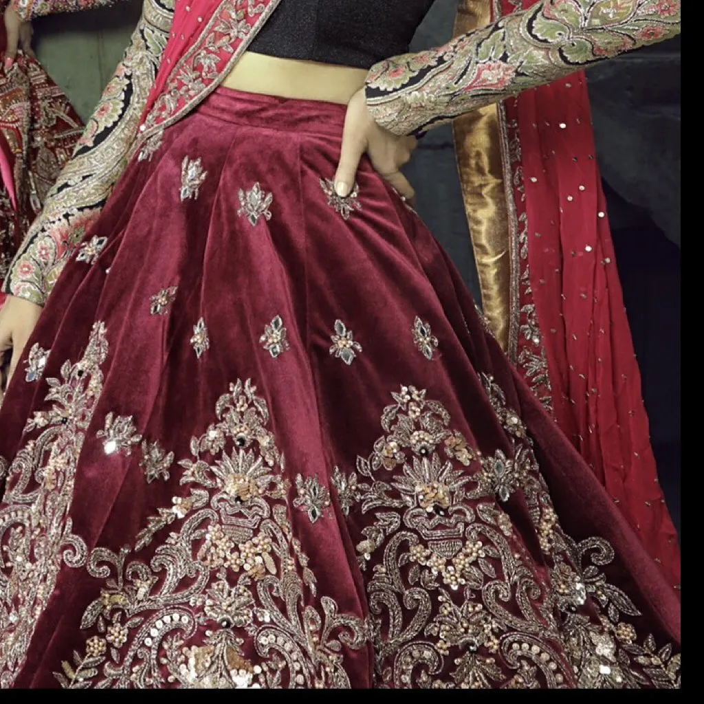 Embellished Maroon Velvet Bridal Lehenga Choli #BN1277