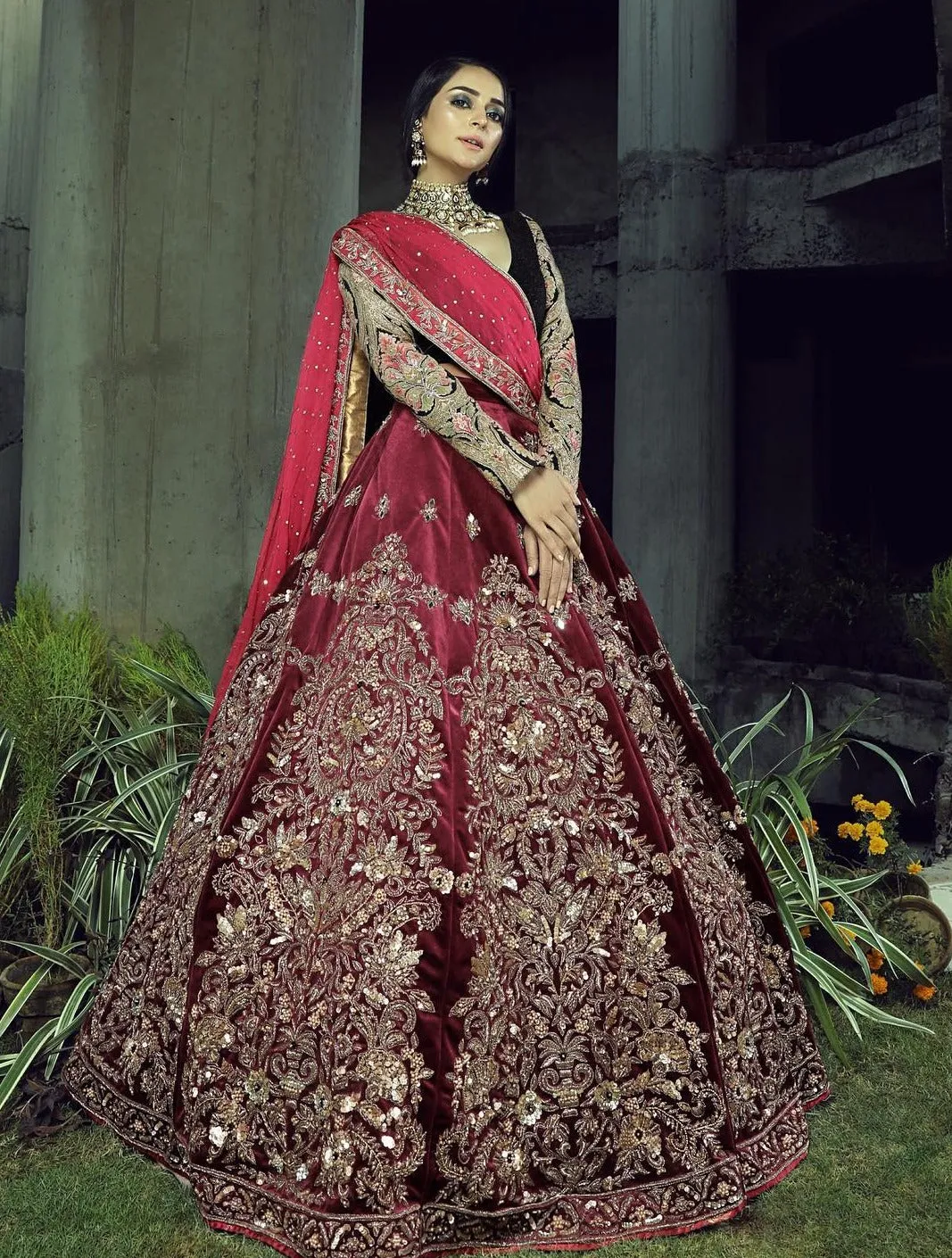 Embellished Maroon Velvet Bridal Lehenga Choli #BN1277