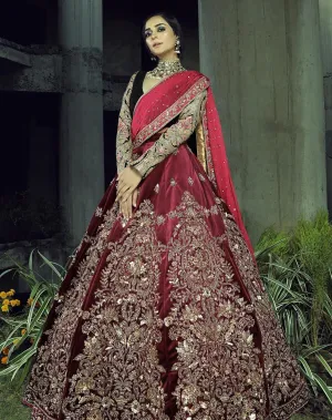 Embellished Maroon Velvet Bridal Lehenga Choli #BN1277