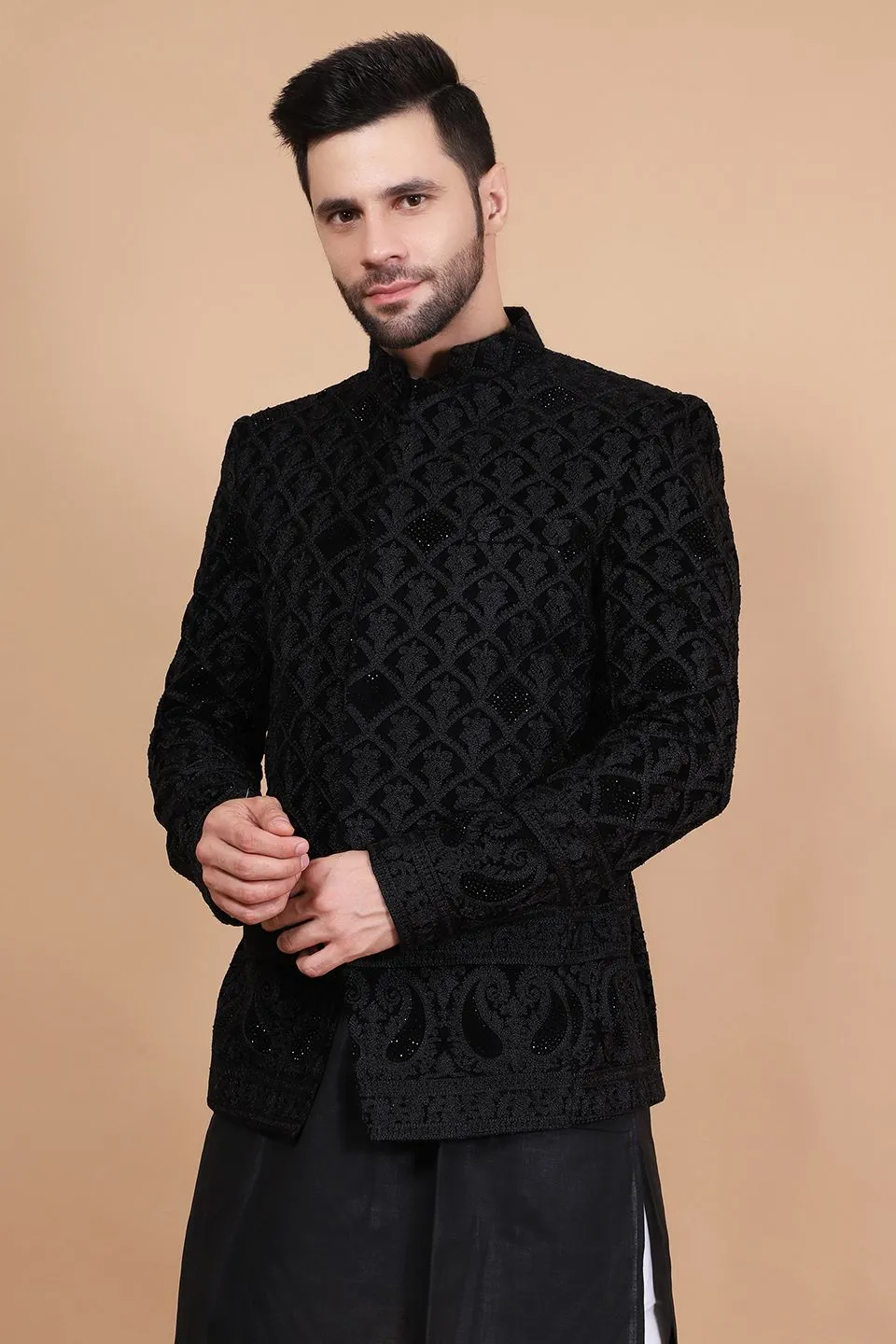 Embroidered Velvet Black Bandhgala