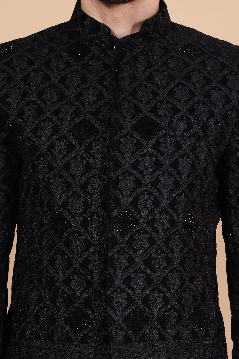 Embroidered Velvet Black Bandhgala