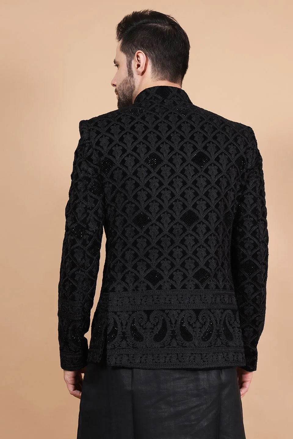 Embroidered Velvet Black Bandhgala