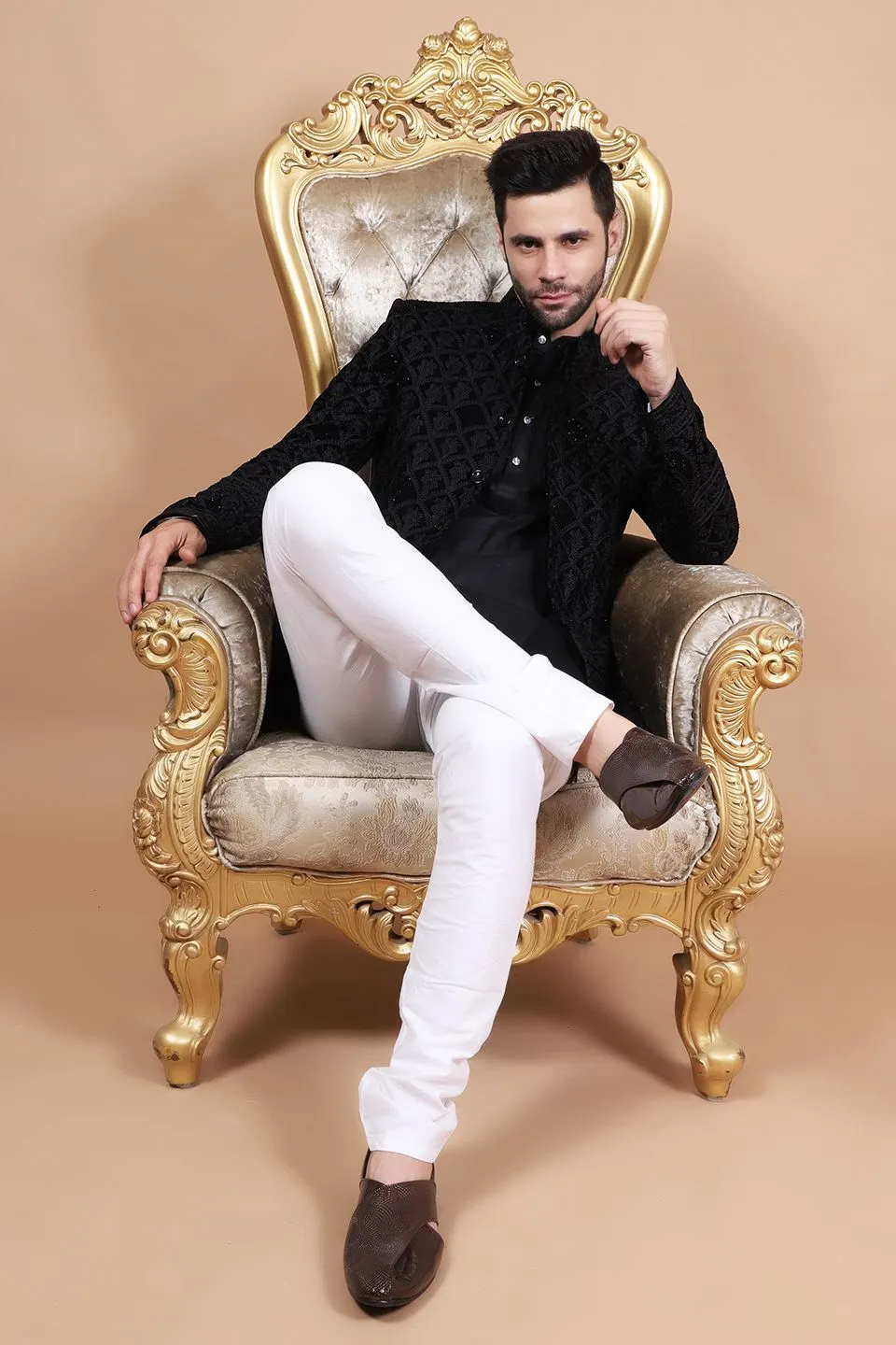 Embroidered Velvet Black Bandhgala
