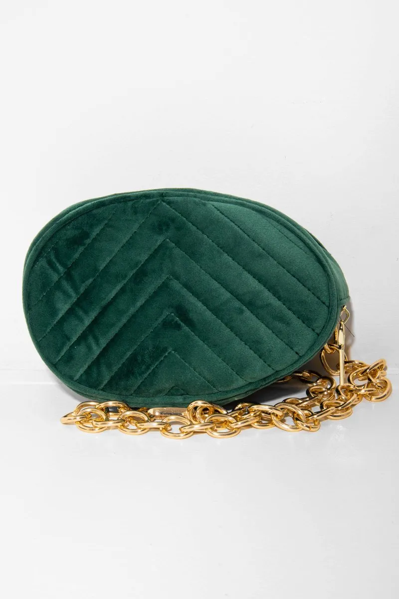 Emerald Velvet Oval Quilted Chainlink Belt Bag - Kittie