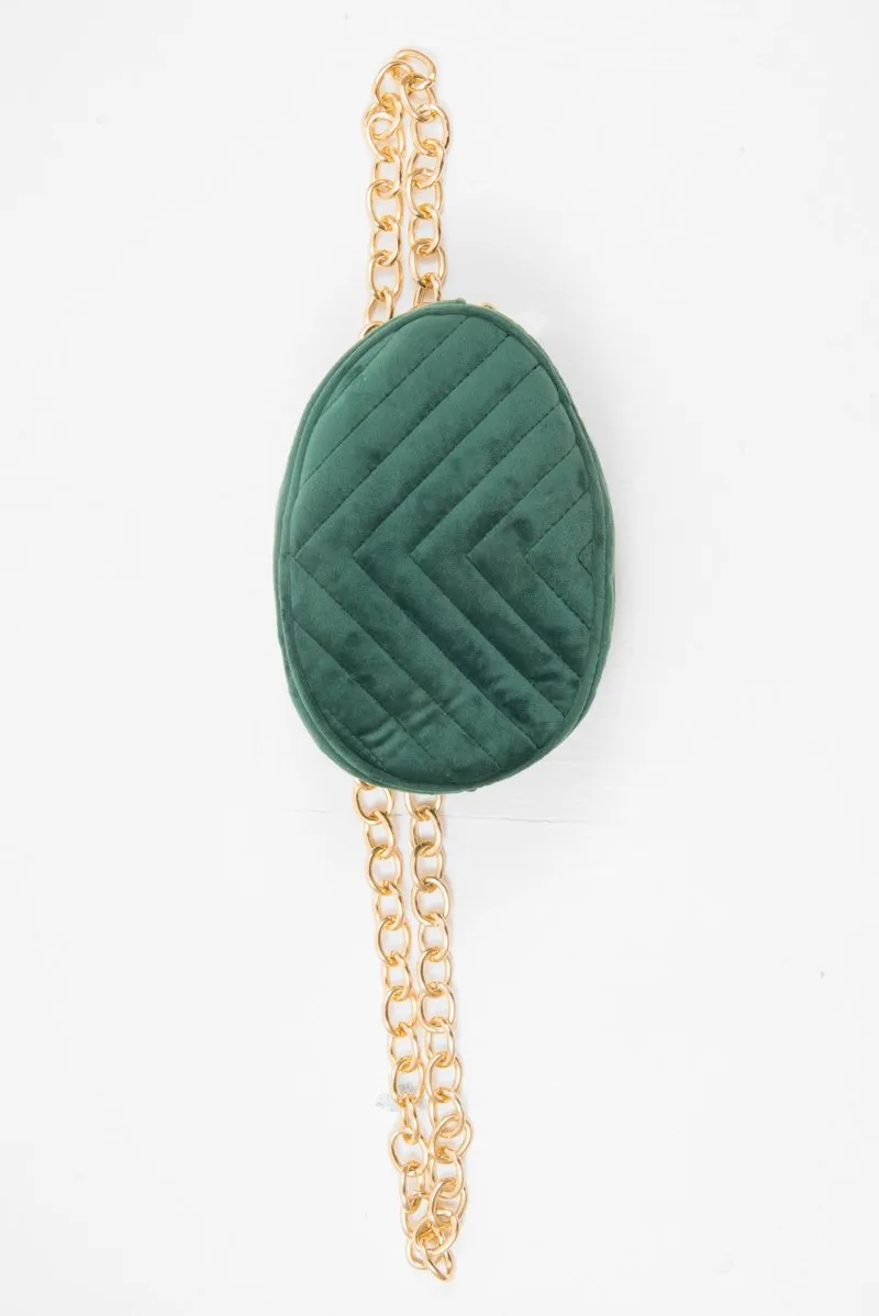 Emerald Velvet Oval Quilted Chainlink Belt Bag - Kittie