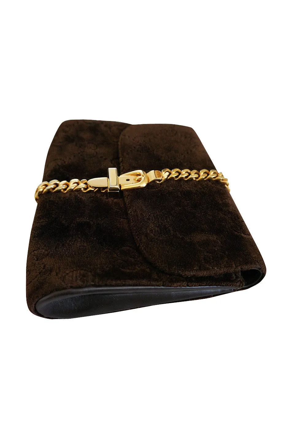 Fantastic 1970s Brown Velvet and Gold Buckle Gucci Clutch