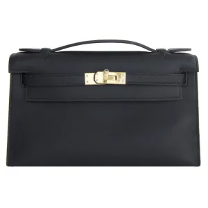 Fashionista Fave Hermes Black Gold Swift Kelly Pochette Cut Clutch Bag