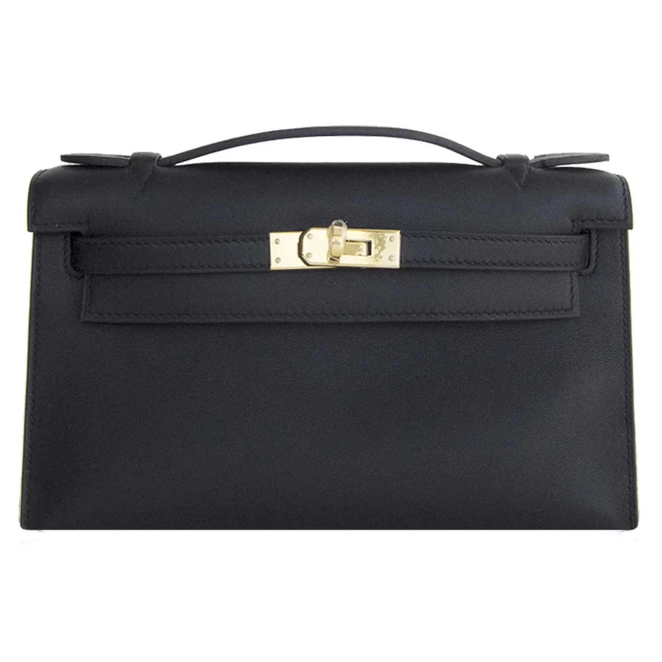 Fashionista Fave Hermes Black Gold Swift Kelly Pochette Cut Clutch Bag