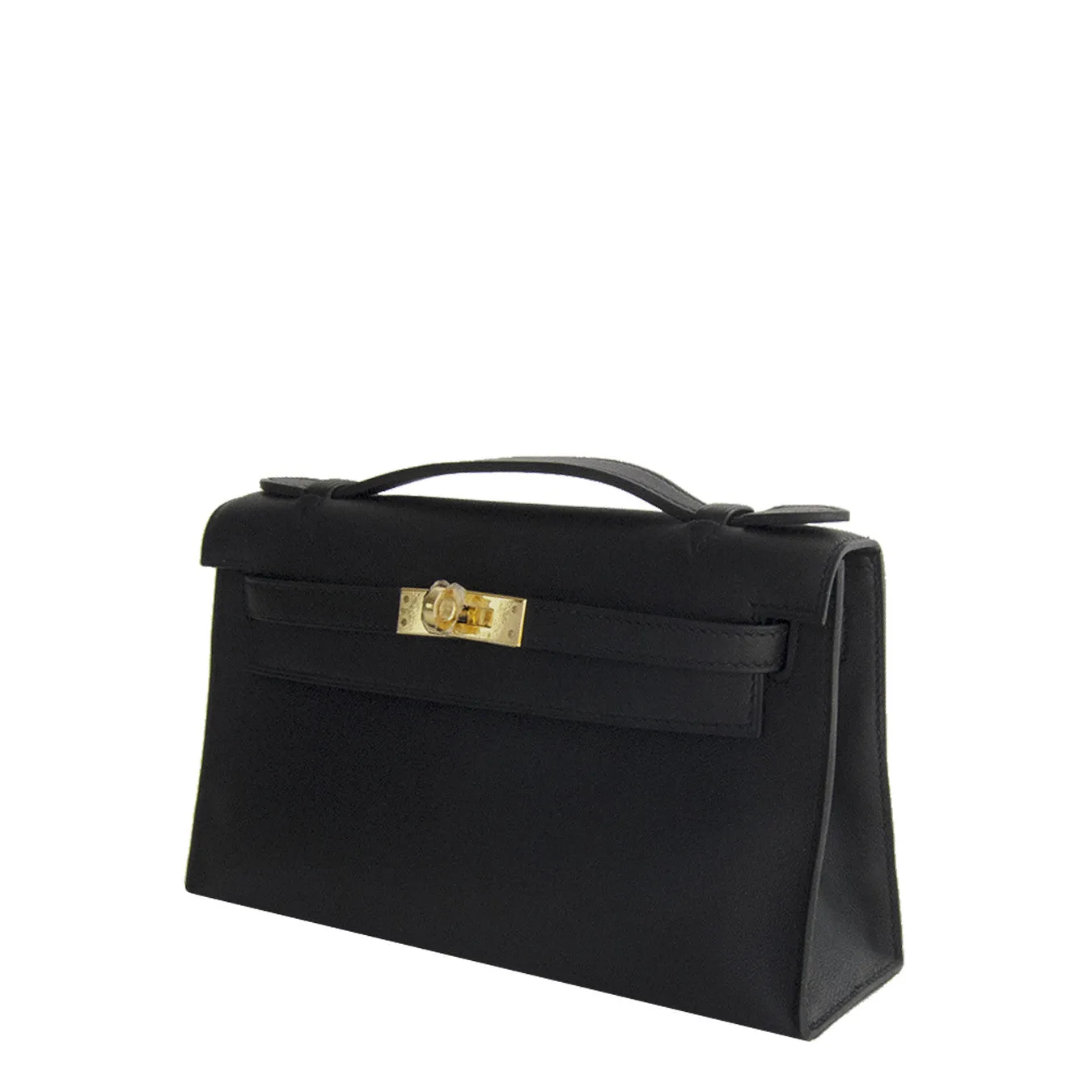 Fashionista Fave Hermes Black Gold Swift Kelly Pochette Cut Clutch Bag