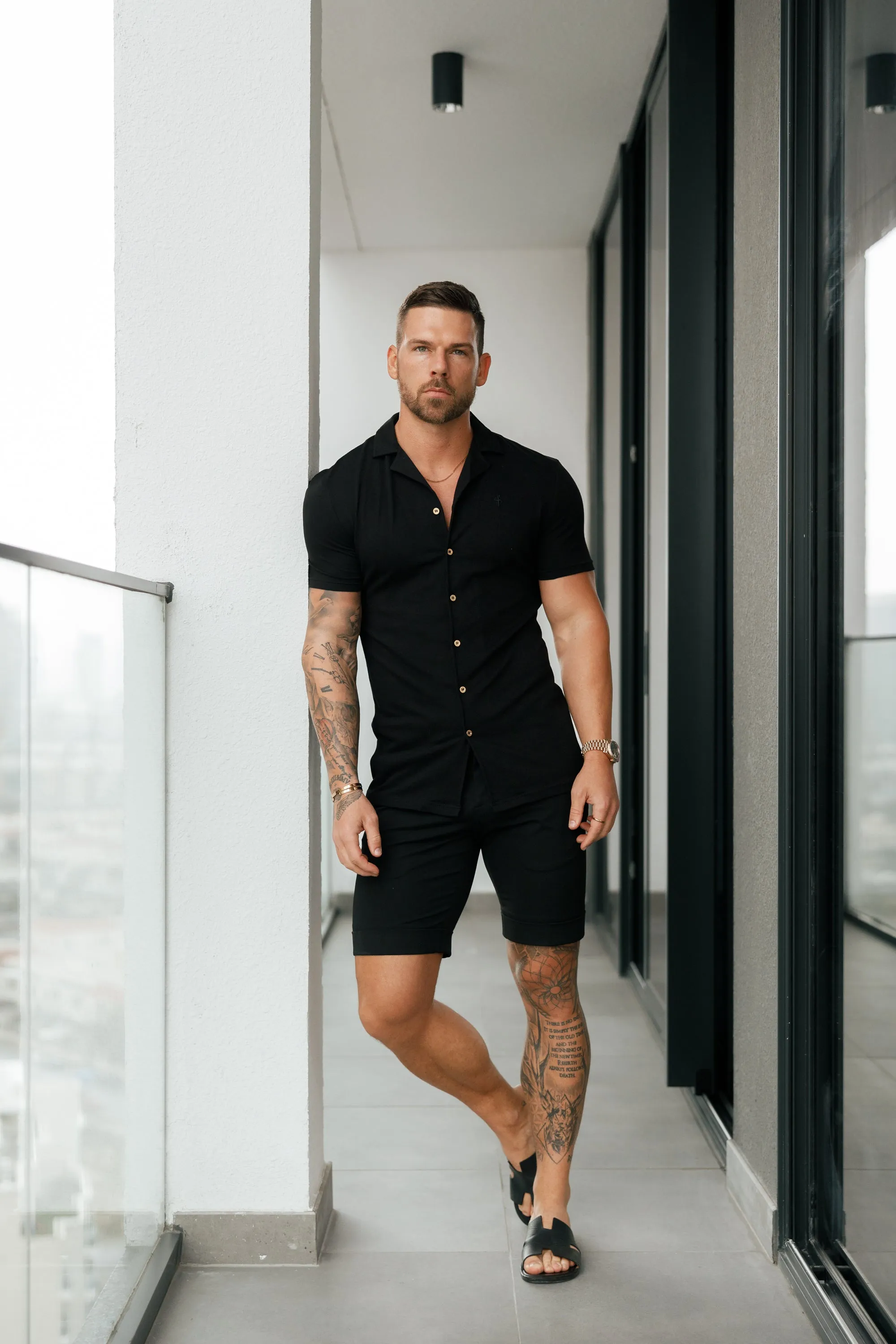 Father Sons Stretch Black / Gold Pique Revere Shirt Short Sleeve - FSH1068