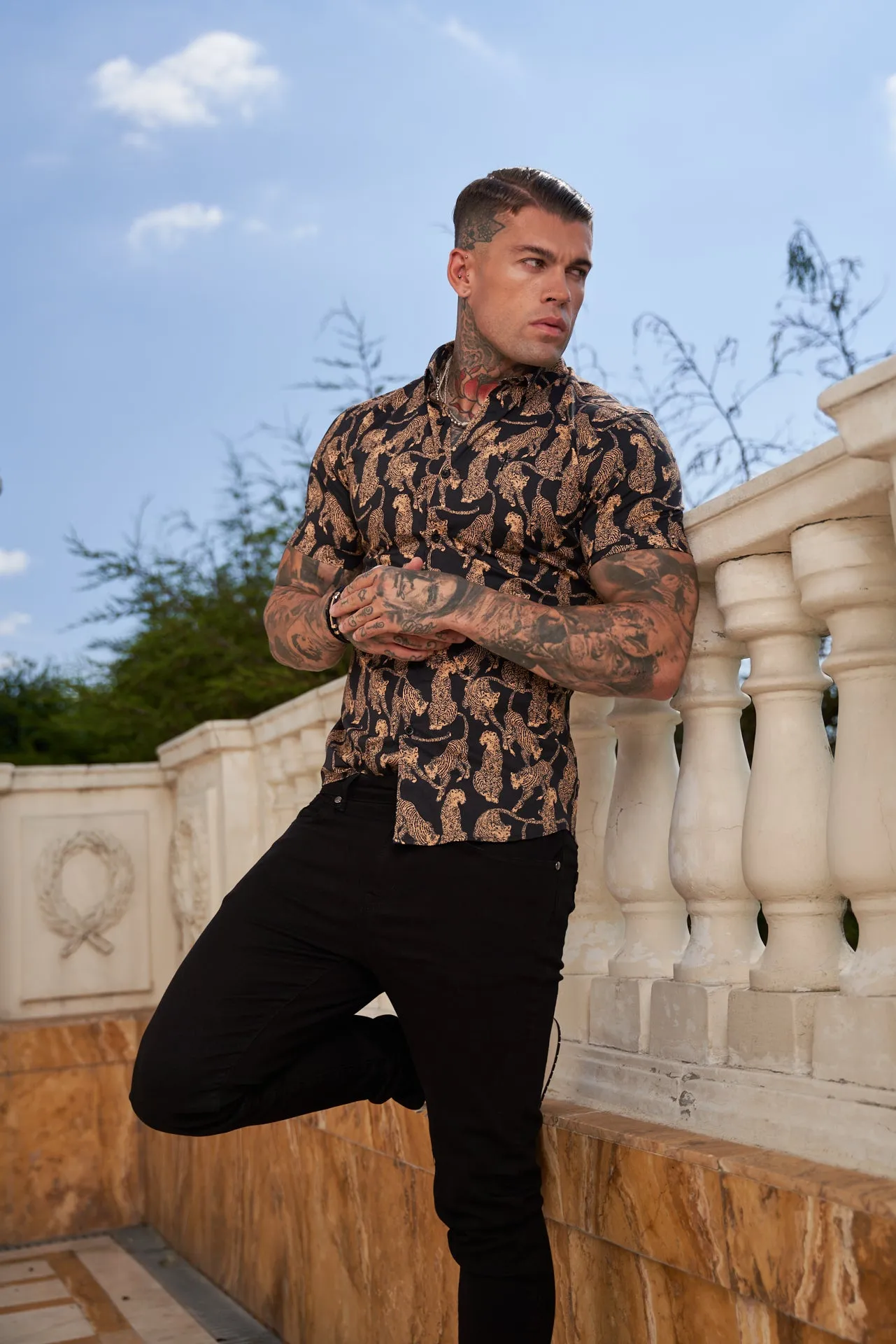 Father Sons Super Slim Stretch Black / Tan Cheetah Print Short Sleeve with Button Down Collar - FS789