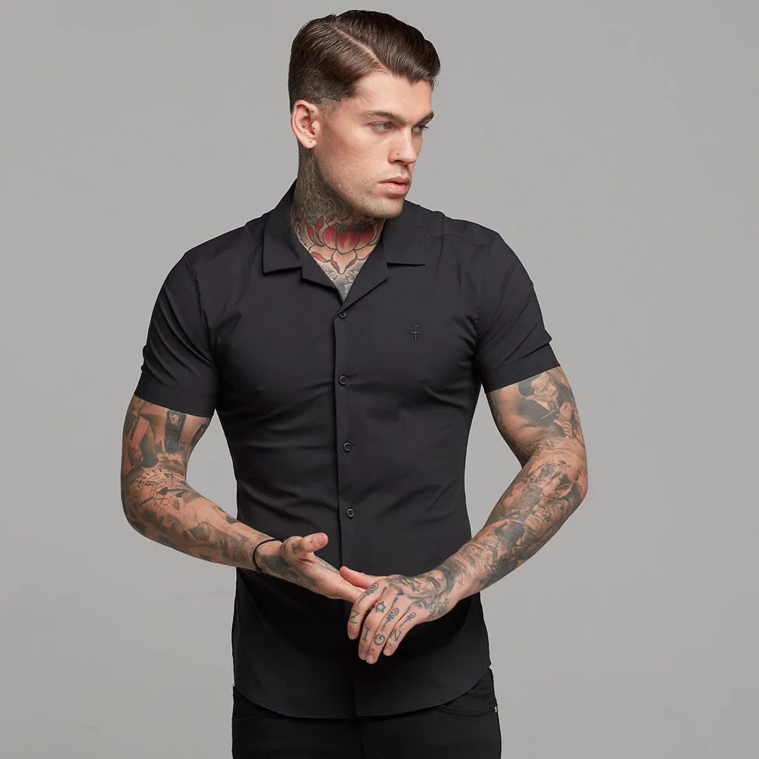 Father Sons Super Slim Stretch Revere Classic Black Short Sleeve - FS404 (LAST CHANCE)
