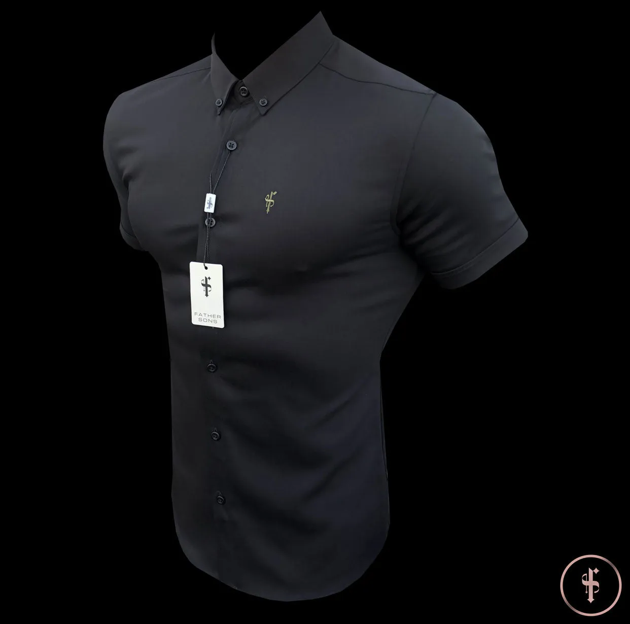 Father Sons Super Slim Ultra Stretch Classic Black Short Sleeve (Khaki Embroidery) -  FS481