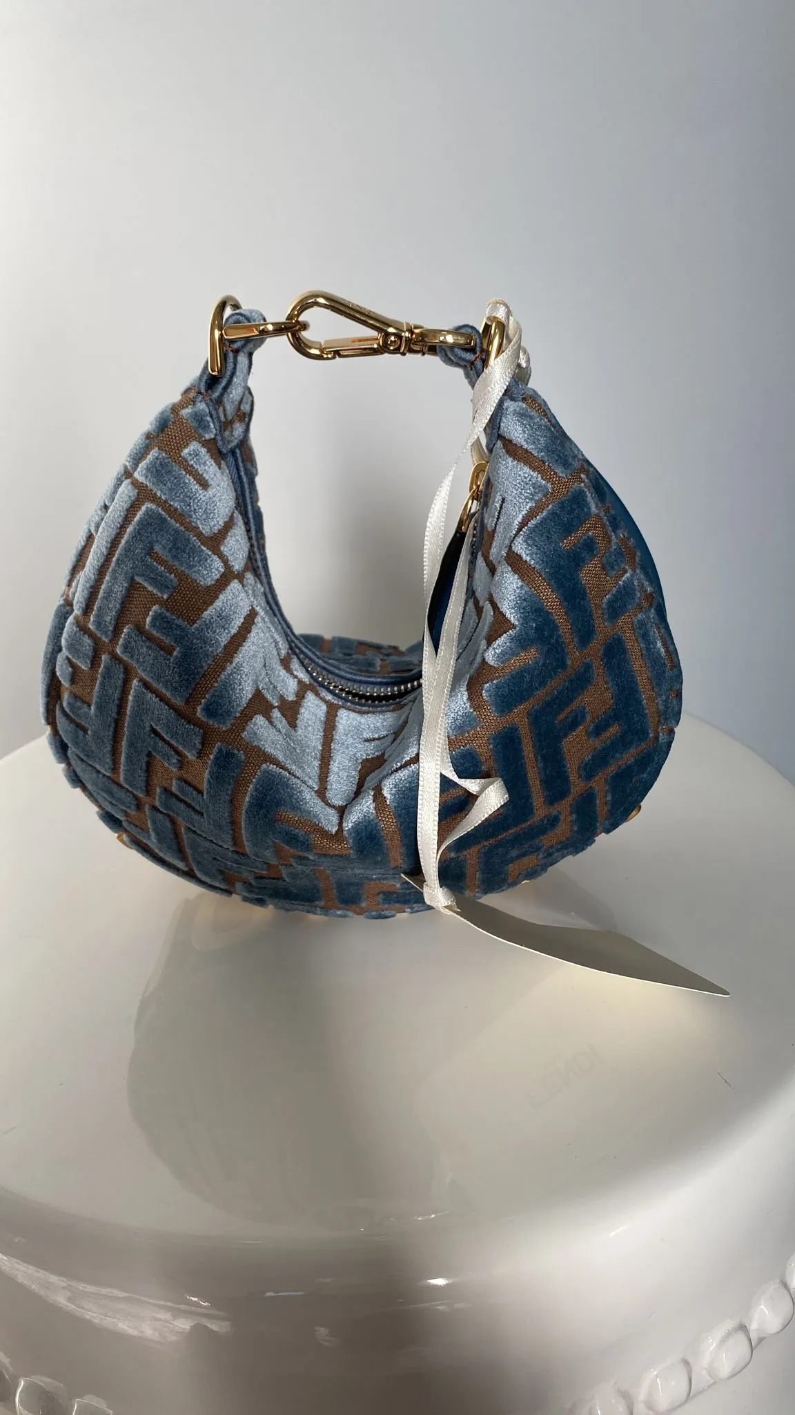 Fendi Light Blue FF Jacquard Velvet Fendigraphy Mini Bag