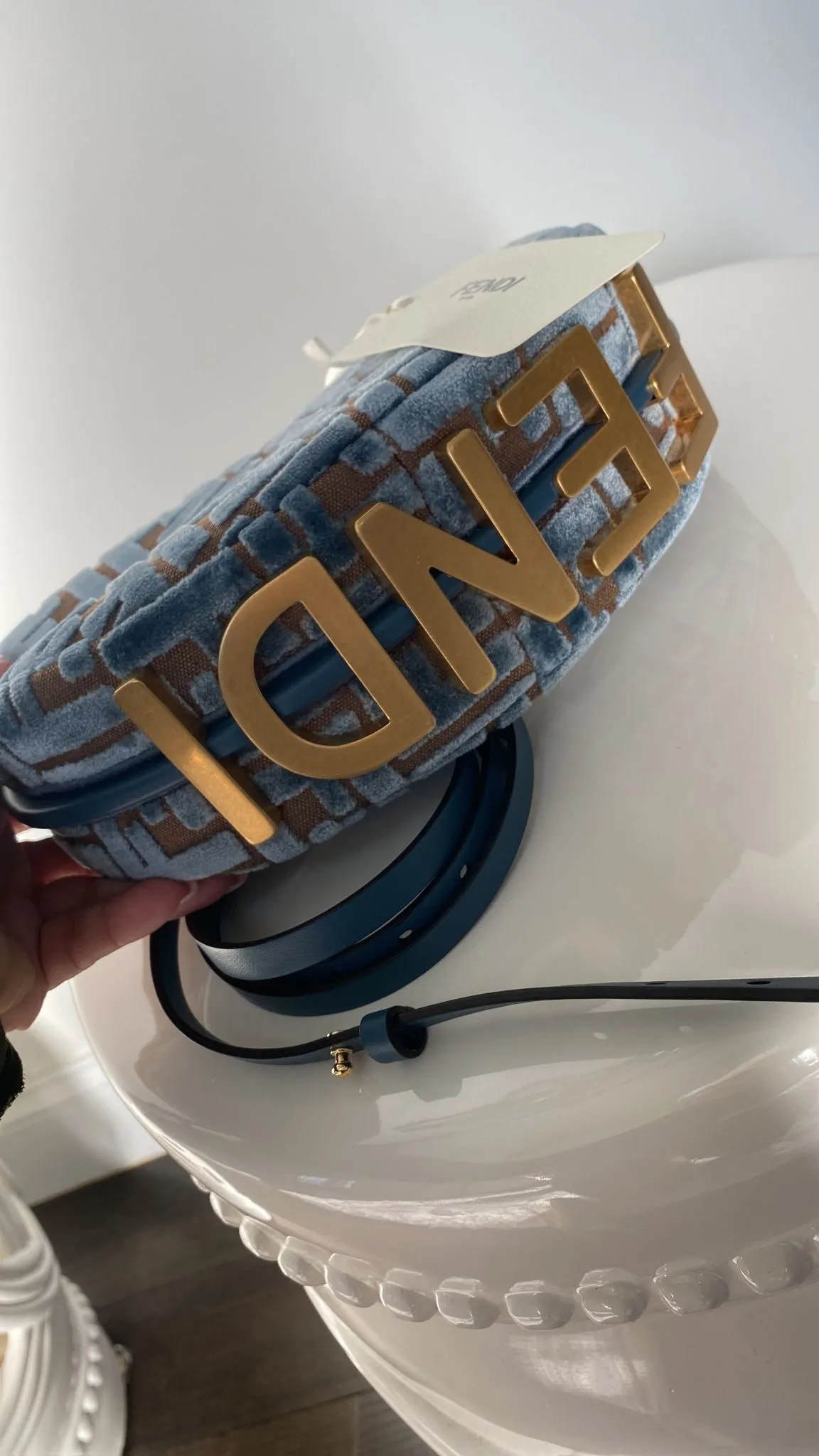 Fendi Light Blue FF Jacquard Velvet Fendigraphy Mini Bag
