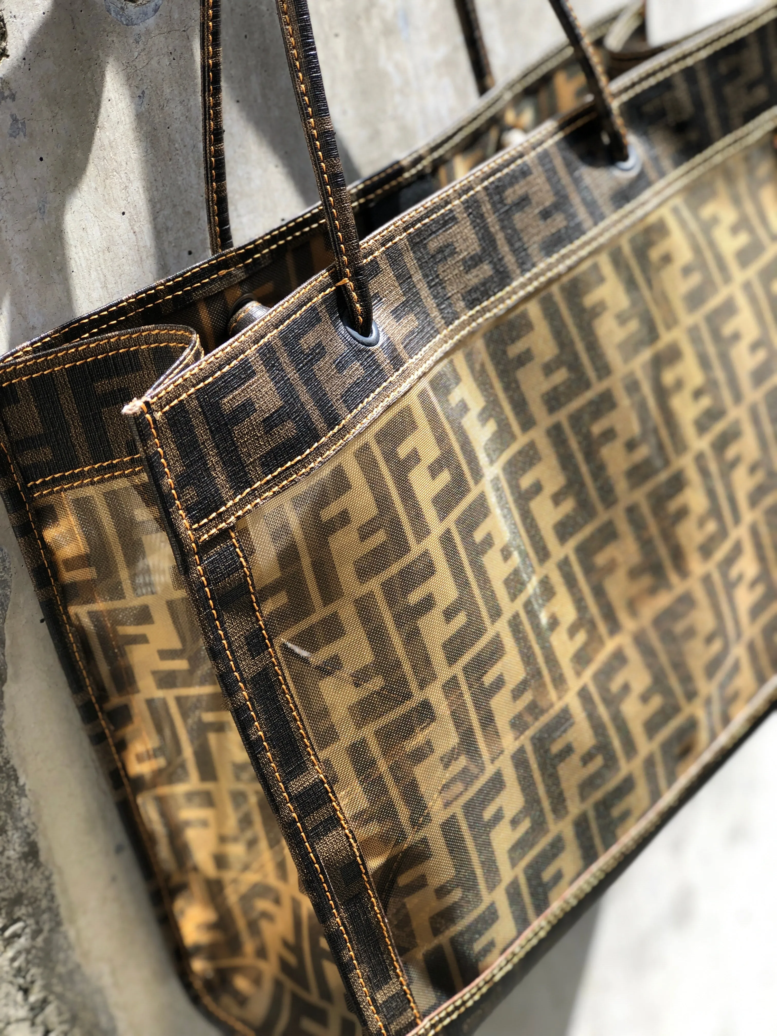 FENDI Zucca handbag  tote bag square  mesh pvc brown old vintage zemssz