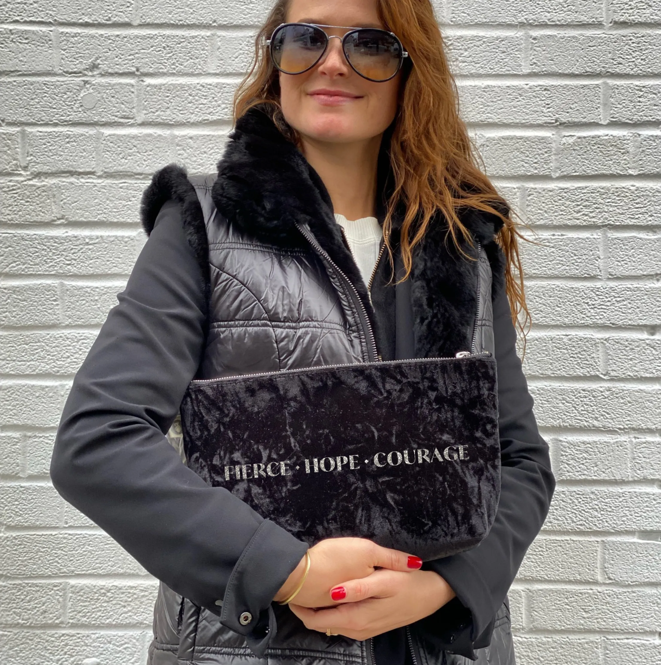 Fierce Hope Courage Clutch Bag- Silver Glitter on Black Crushed Velvet