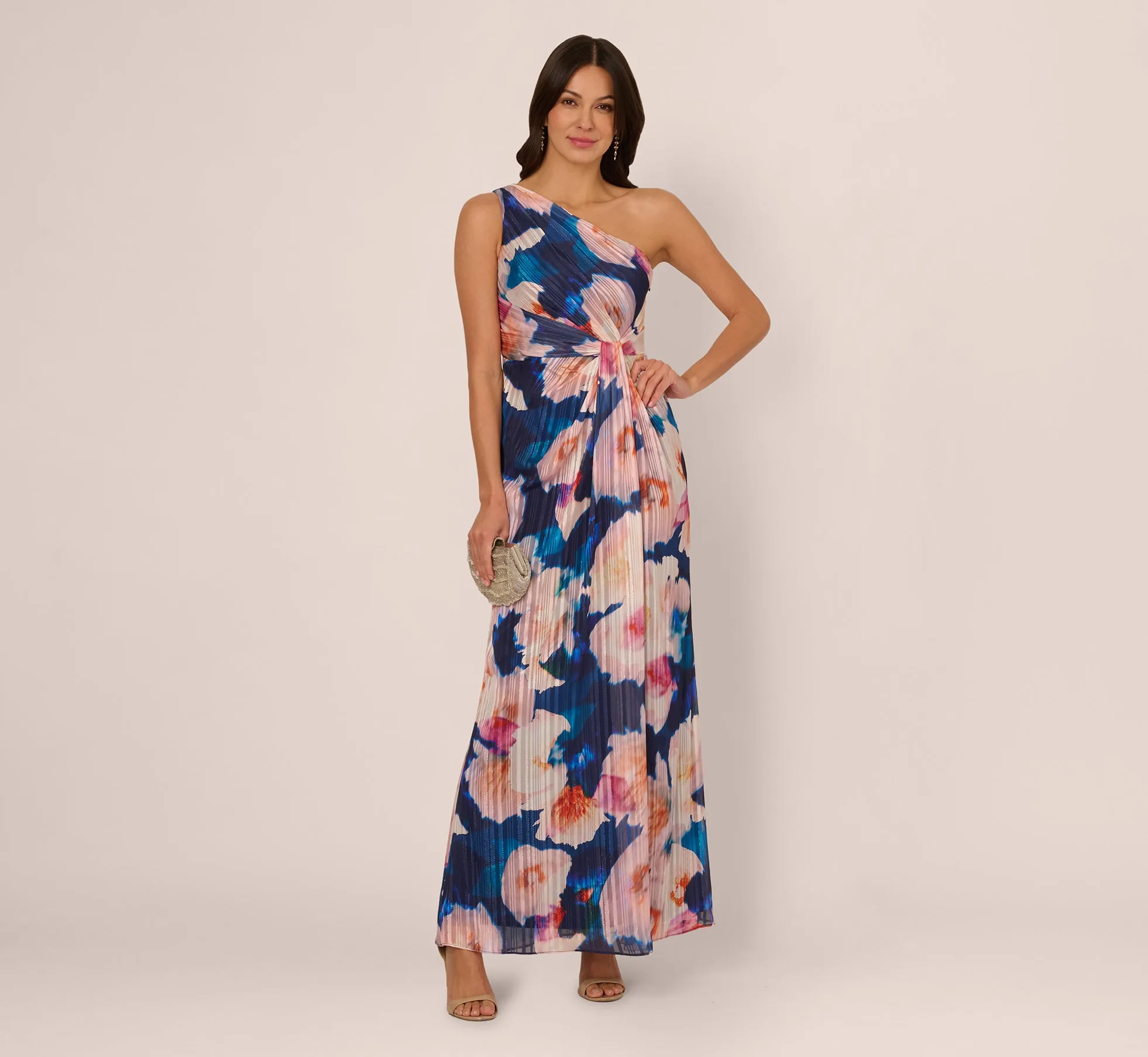 Floral Print Chiffon Gown With One Shoulder Neckline In Navy Blush