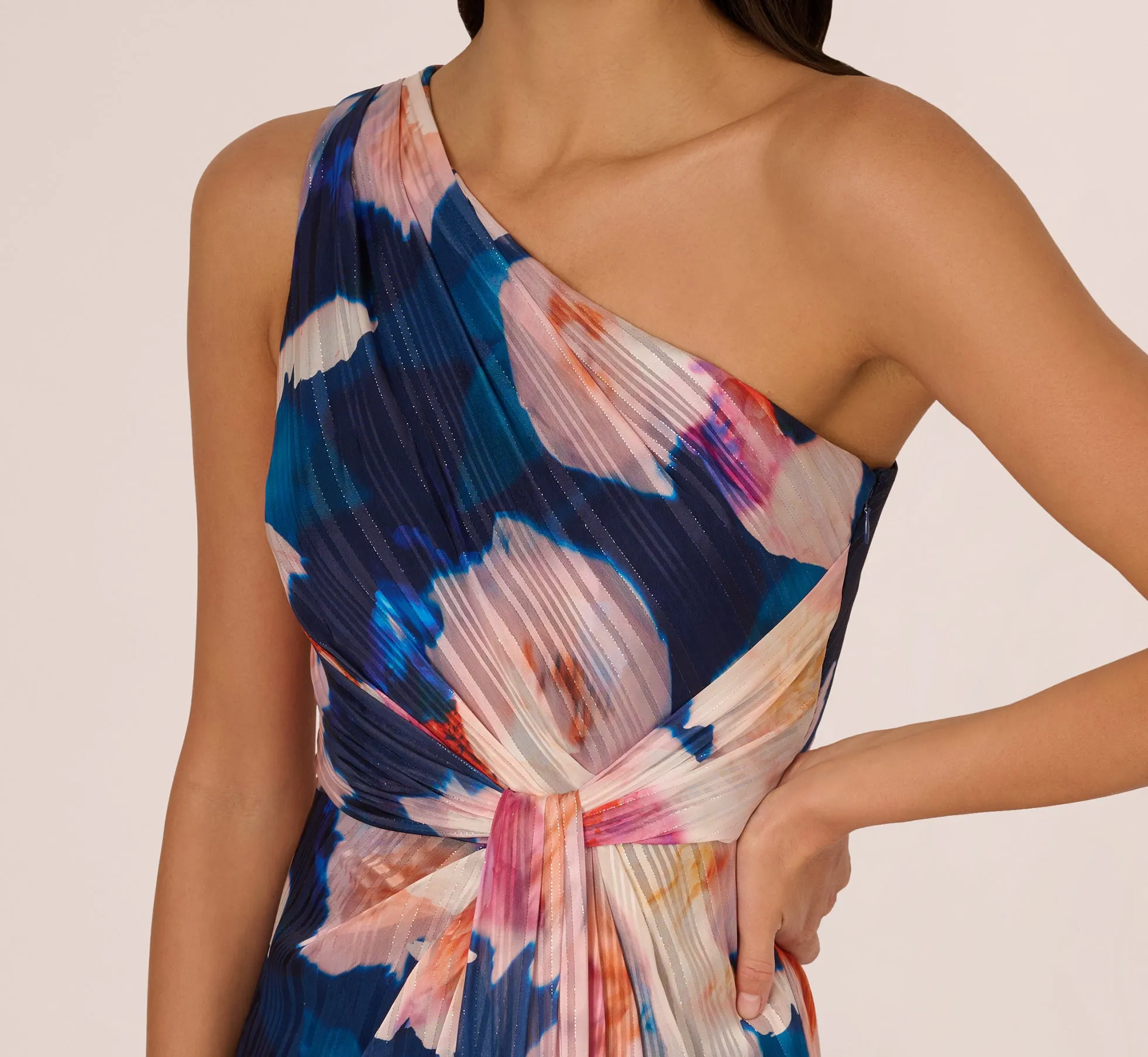 Floral Print Chiffon Gown With One Shoulder Neckline In Navy Blush