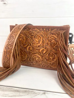Floral Tooled Leather Front Fringe Bag