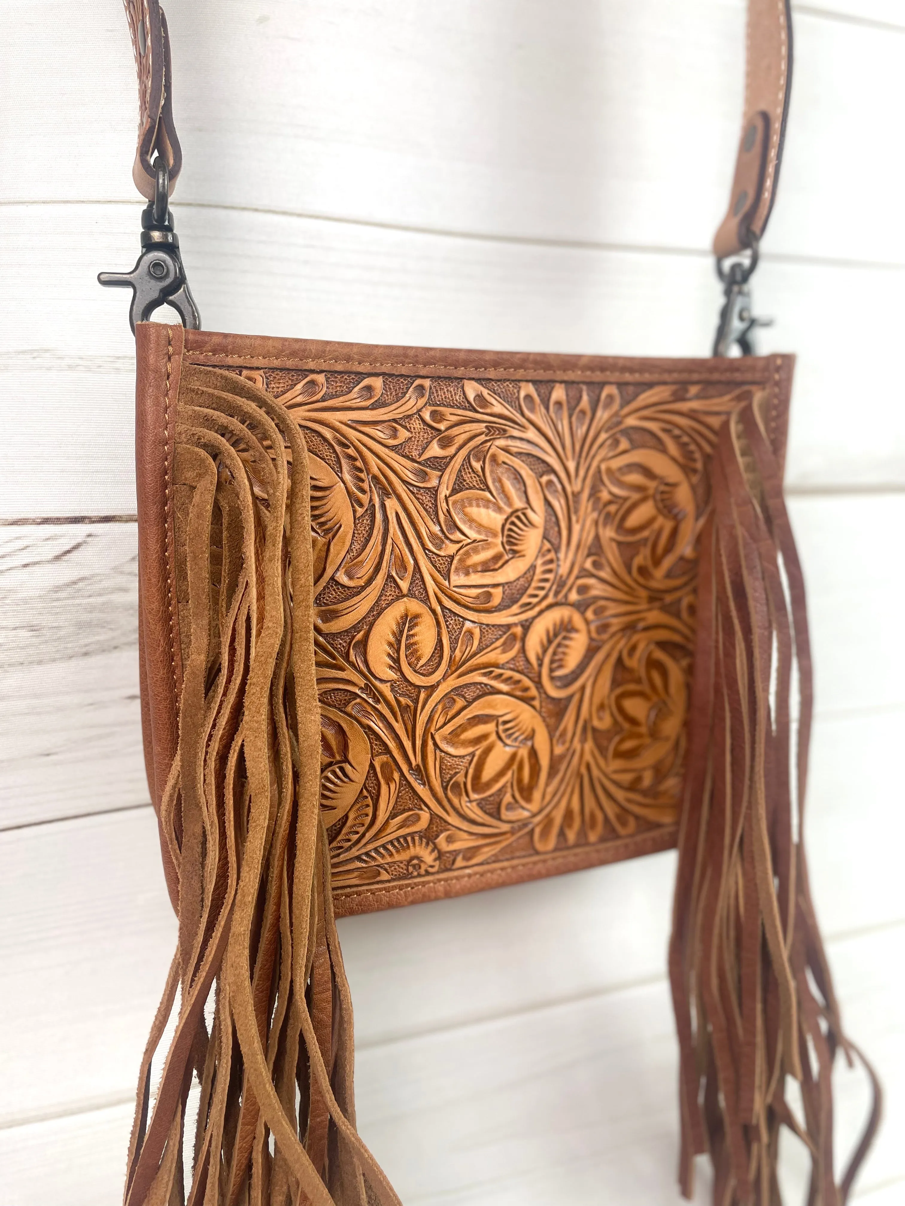 Floral Tooled Leather Front Fringe Bag