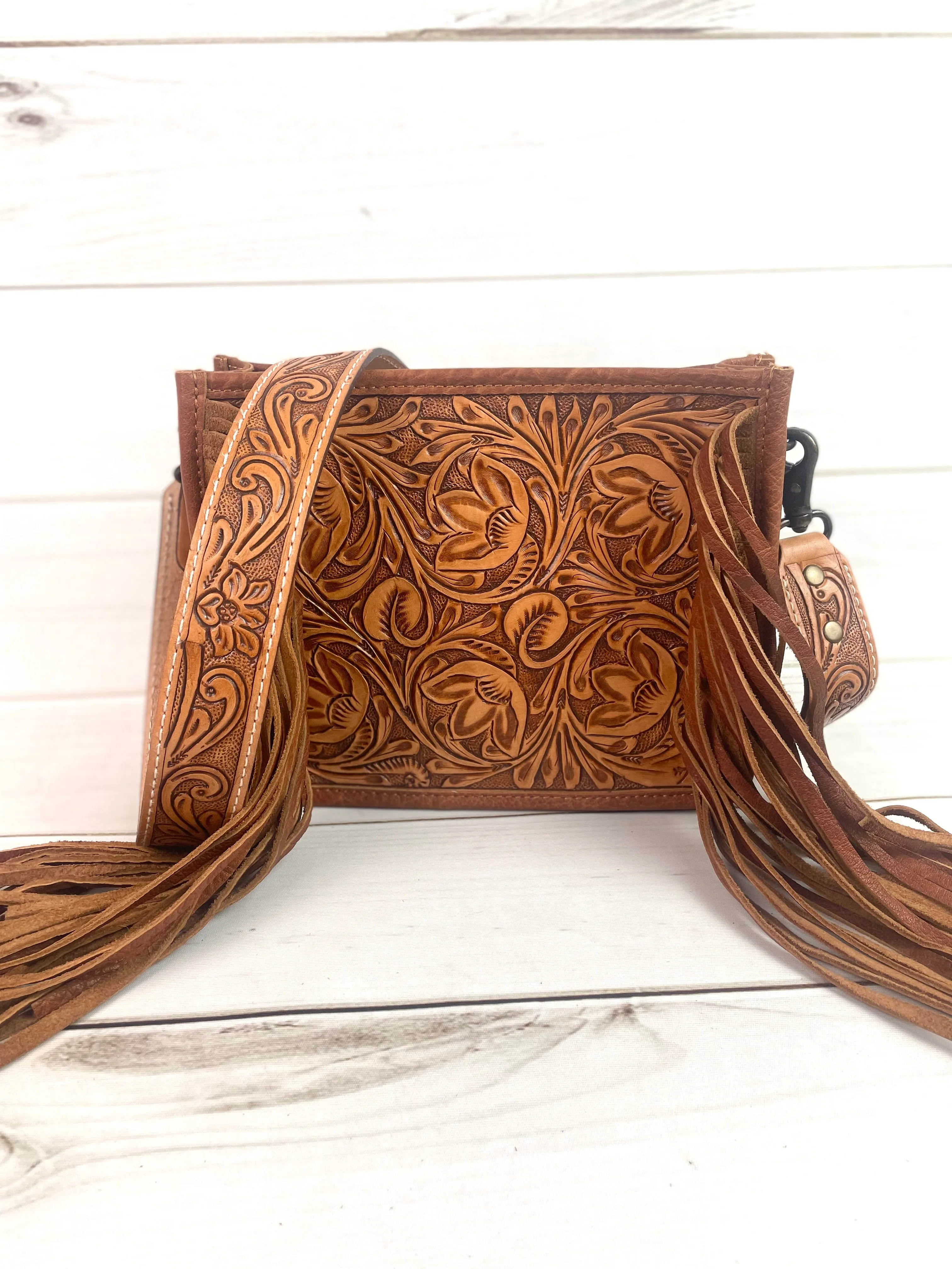 Floral Tooled Leather Front Fringe Bag