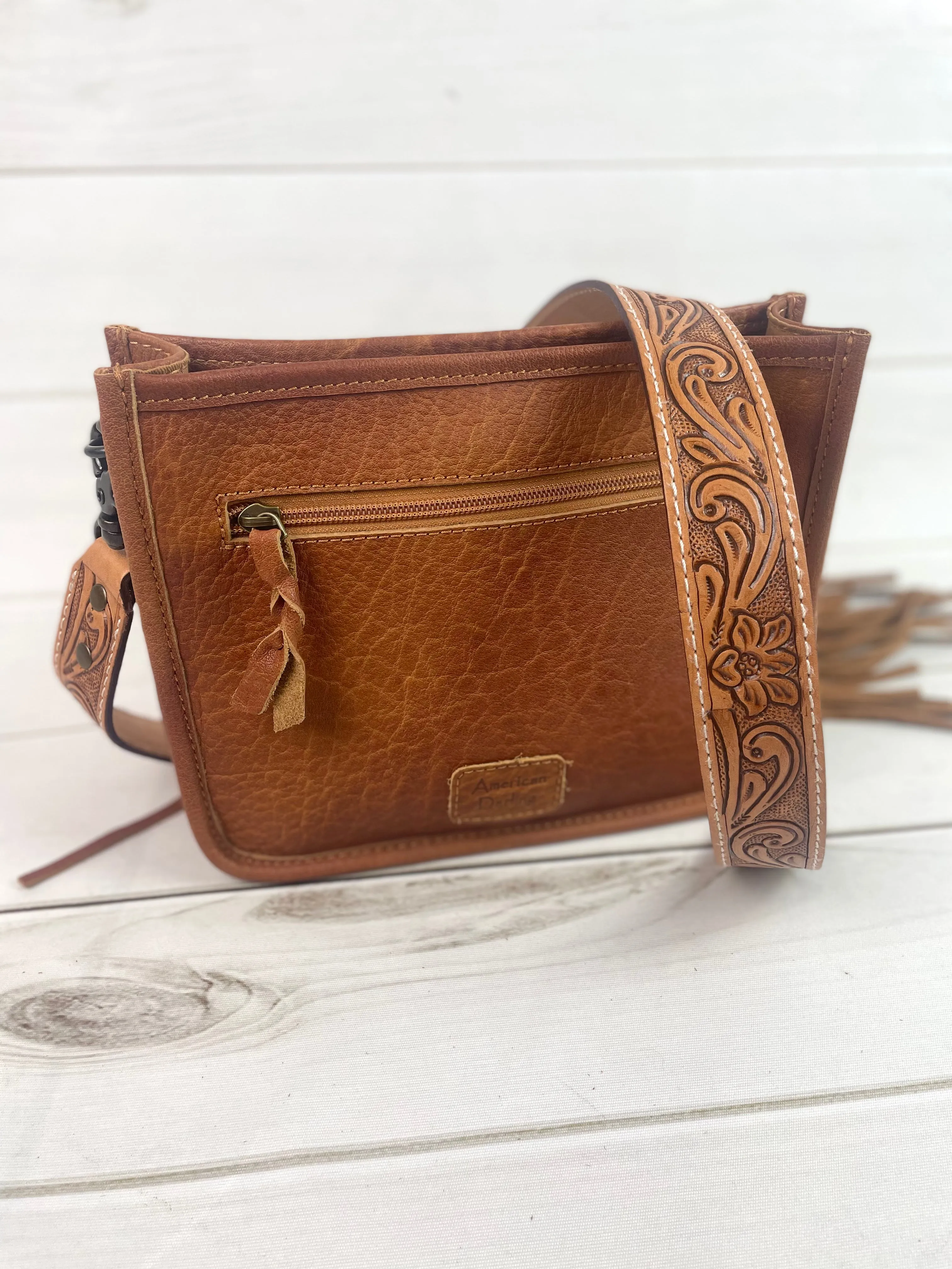 Floral Tooled Leather Front Fringe Bag