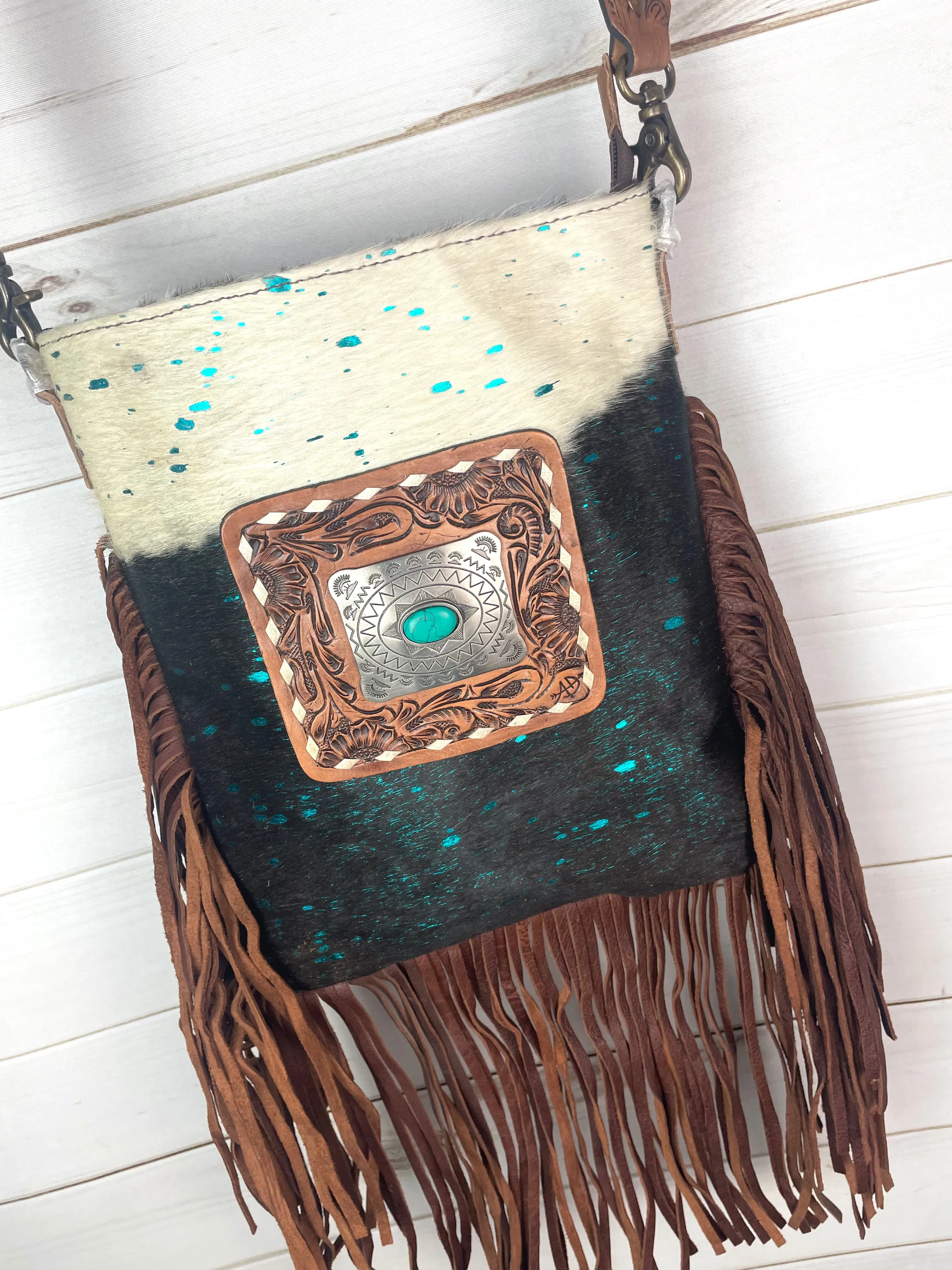 Foothills Rancher Brown and White Hide Crossbody Handbag