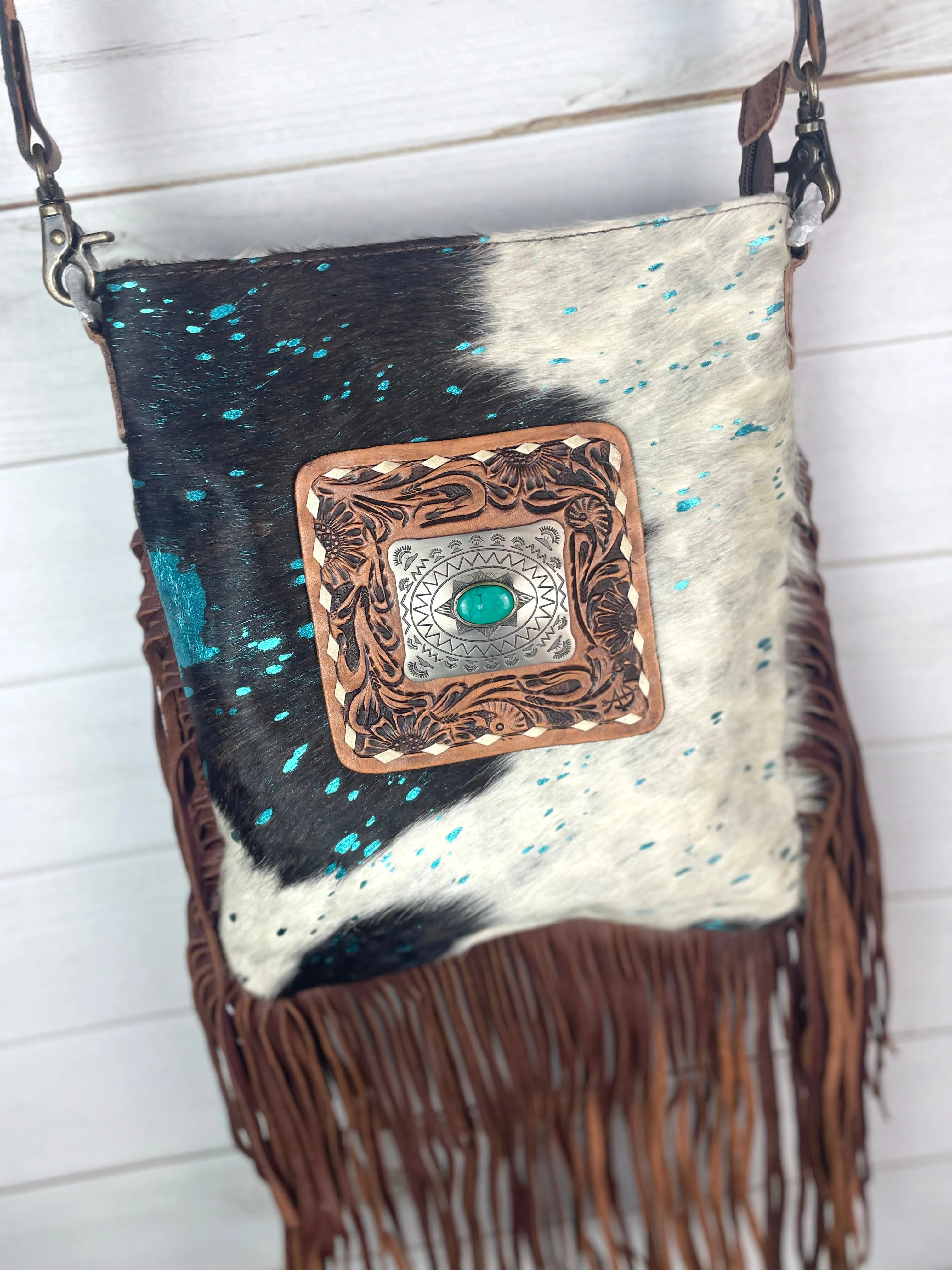 Foothills Rancher Brown and White Hide Crossbody Handbag