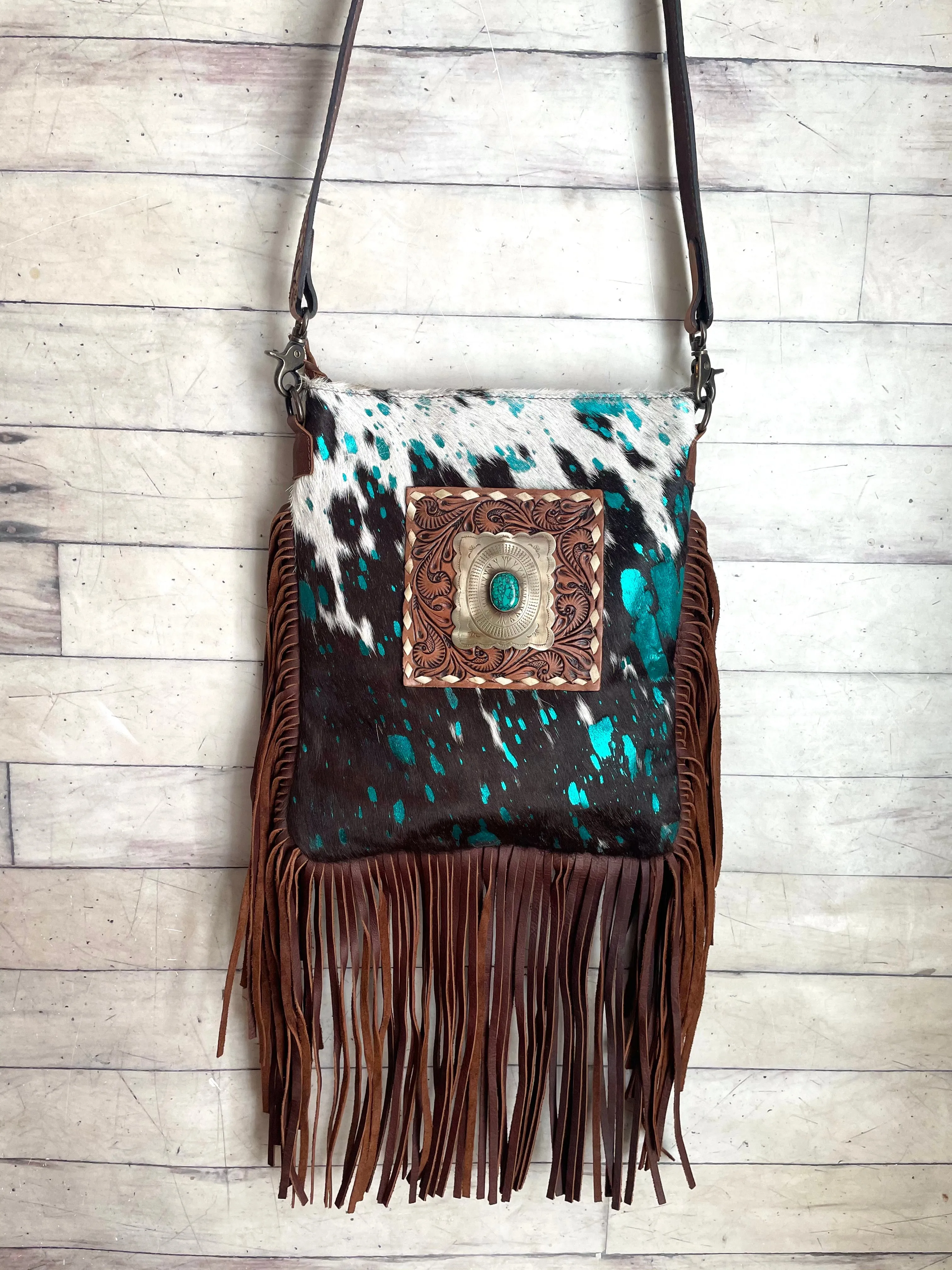 Foothills Rancher Brown and White Hide Crossbody Handbag