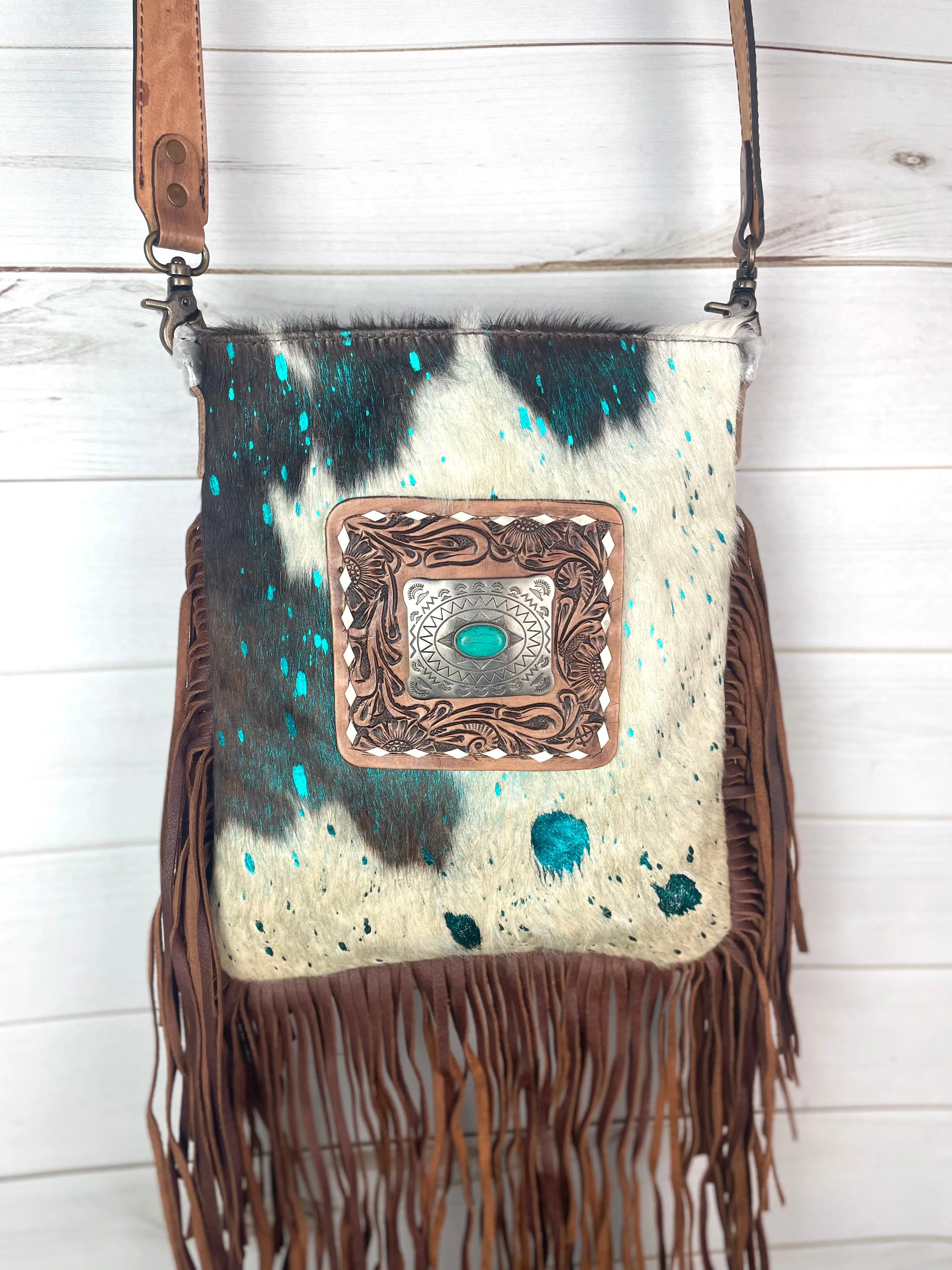 Foothills Rancher Brown and White Hide Crossbody Handbag