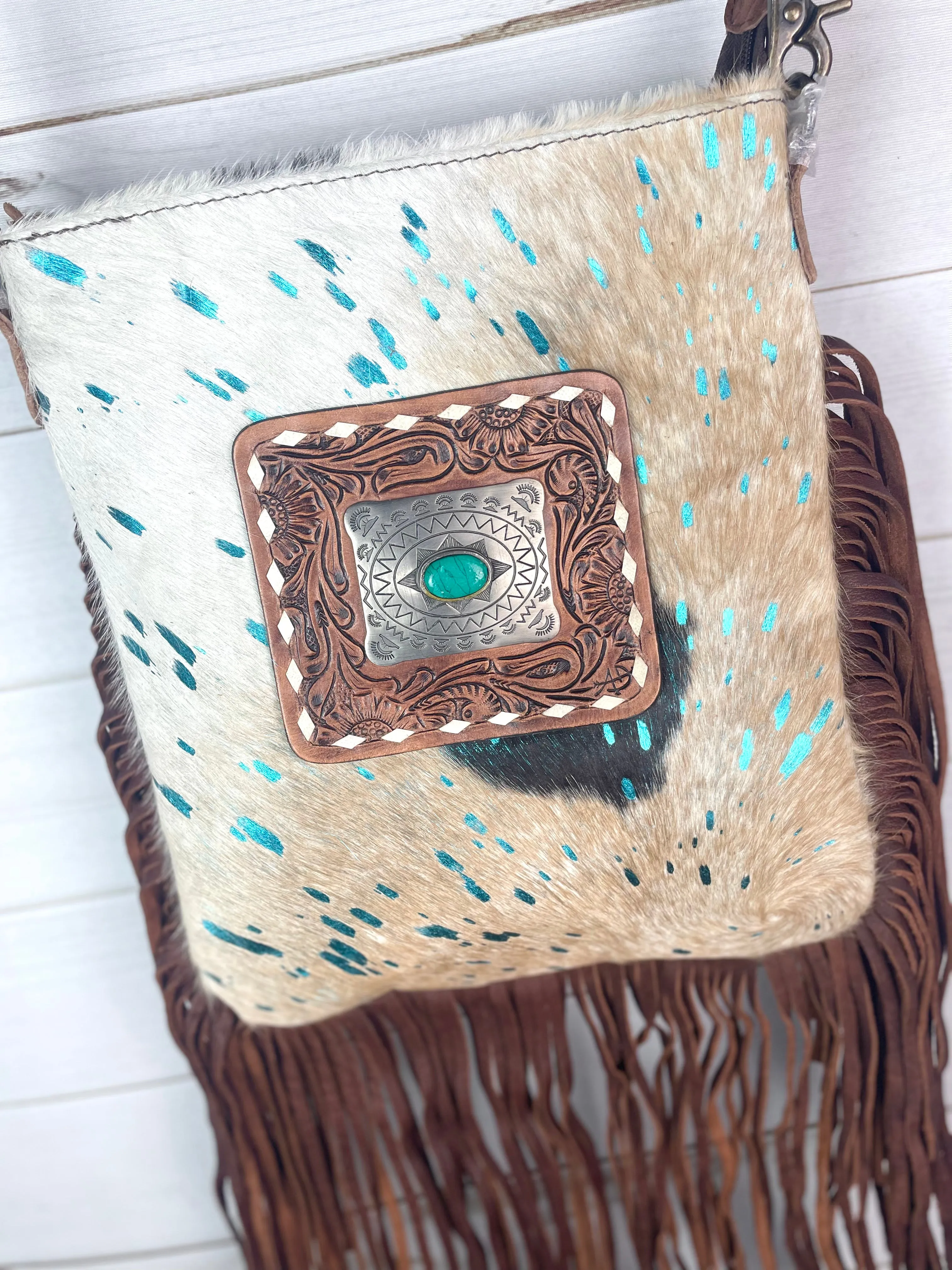 Foothills Rancher Brown and White Hide Crossbody Handbag