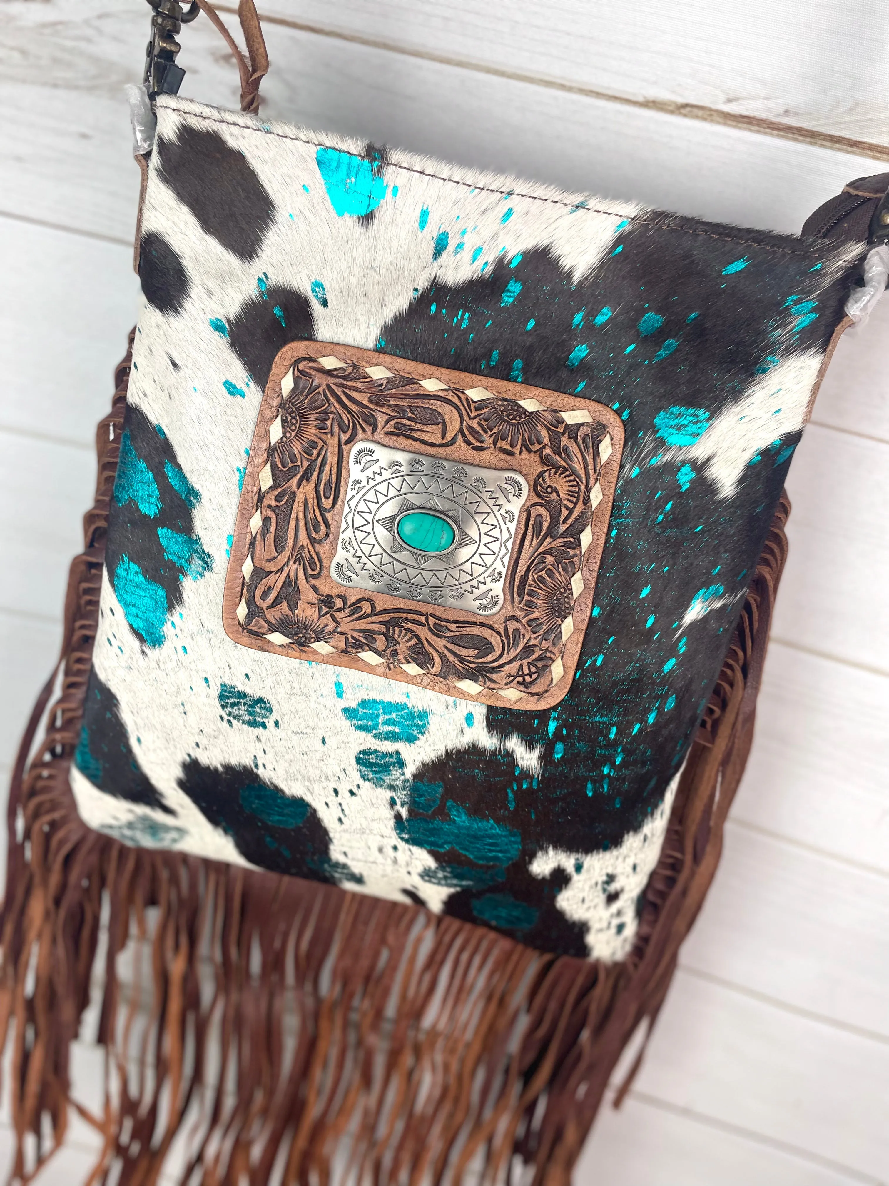Foothills Rancher Brown and White Hide Crossbody Handbag