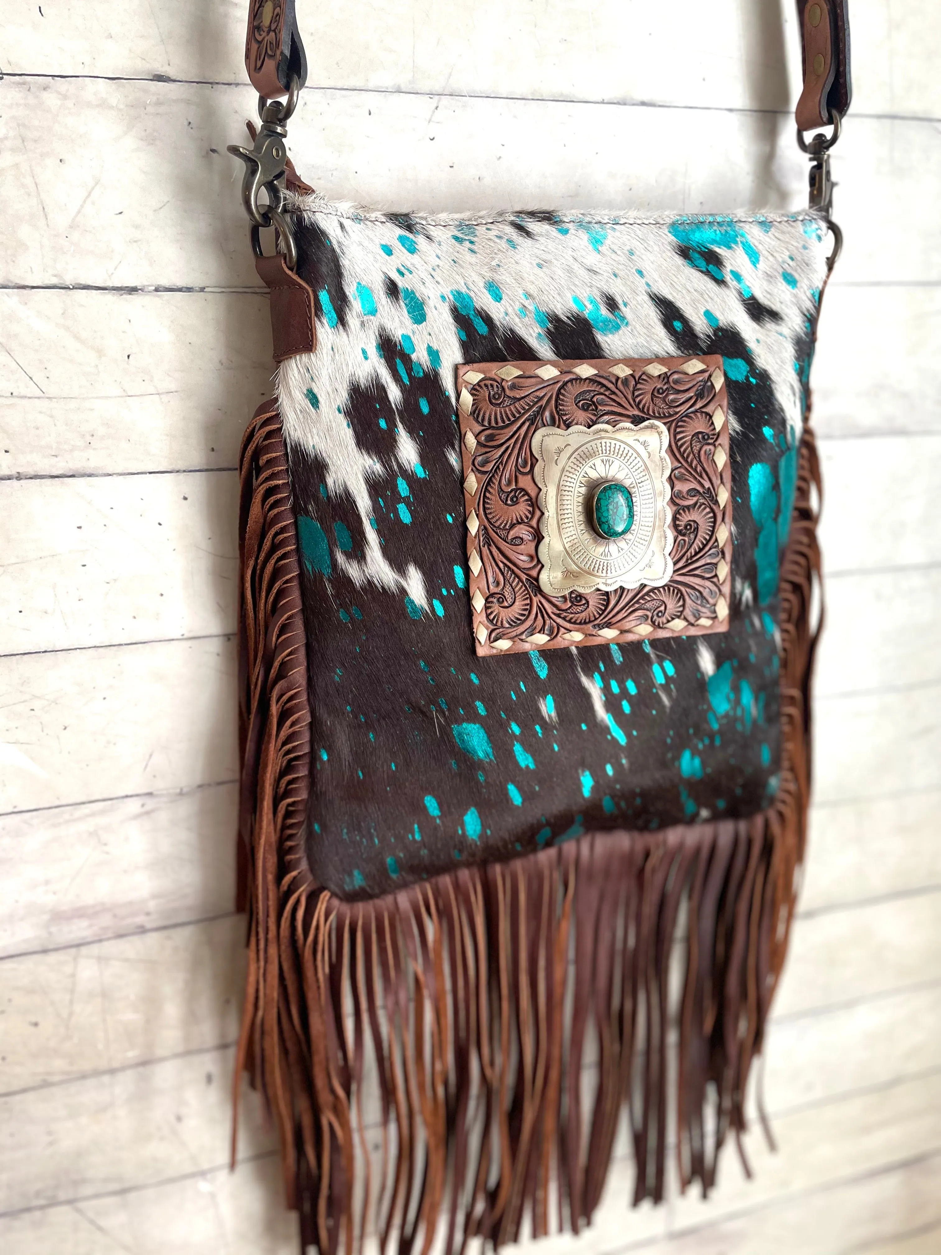 Foothills Rancher Brown and White Hide Crossbody Handbag