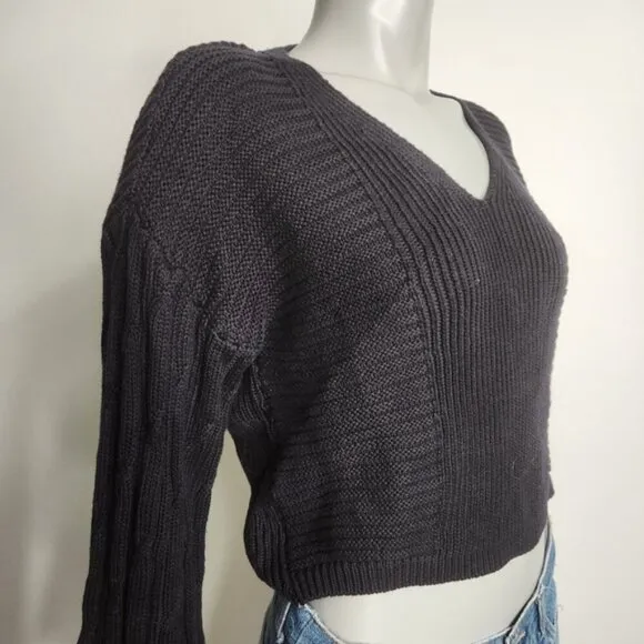 Free People &quot;When It Rains&quot; Black V-Neck Cropped Knit Sweater Size S