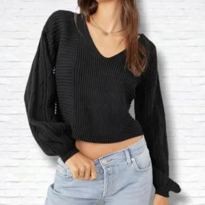 Free People &quot;When It Rains&quot; Black V-Neck Cropped Knit Sweater Size S