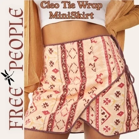 FREE PEOPLE Cleo Printed Side Slit Tie Wrap Mini Skirt in Multi Combo.