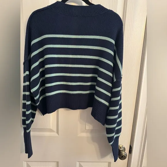 Free People Easy Street Stripe Crop Pullover Navy/Aqua NWT Size S