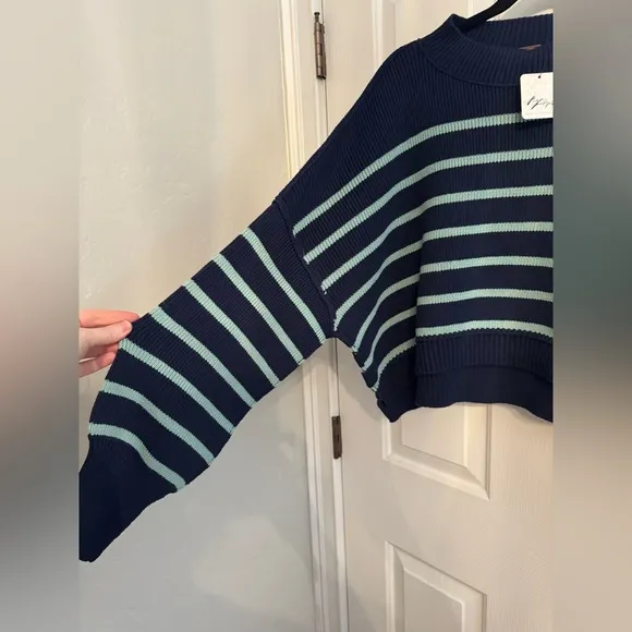 Free People Easy Street Stripe Crop Pullover Navy/Aqua NWT Size S