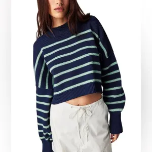 Free People Easy Street Stripe Crop Pullover Navy/Aqua NWT Size S