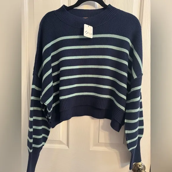Free People Easy Street Stripe Crop Pullover Navy/Aqua NWT Size S