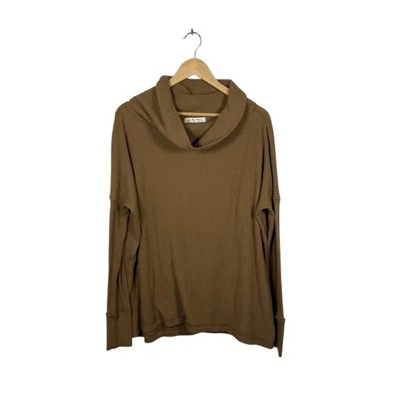 Free People Juicy Light Brown Ribbed Knit Cowl Neck Sweater Camel Small