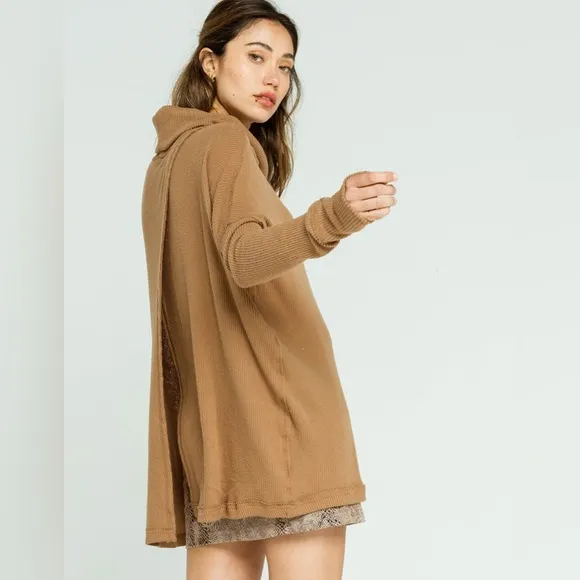 Free People Juicy Light Brown Ribbed Knit Cowl Neck Sweater Camel Small