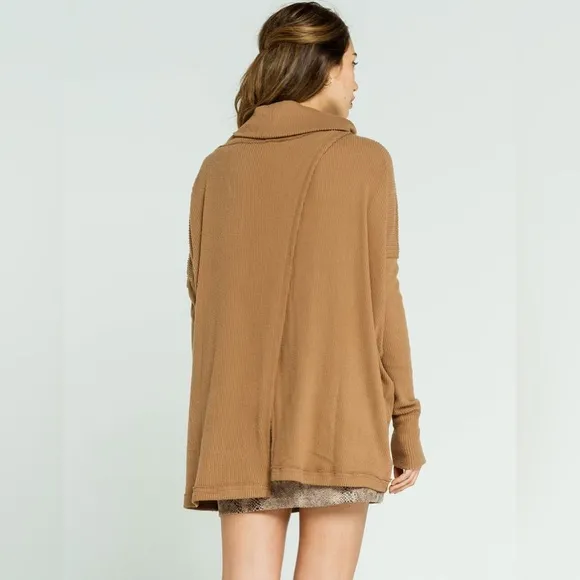 Free People Juicy Light Brown Ribbed Knit Cowl Neck Sweater Camel Small
