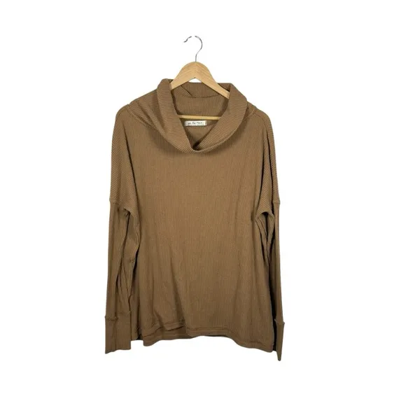 Free People Juicy Light Brown Ribbed Knit Cowl Neck Sweater Camel Small