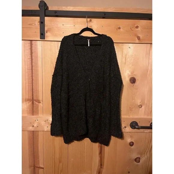 Free People Rare Boucle Cardi Alpaca Blend Oversized Sweater Size Small Black