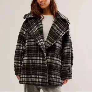 Free People Womens Highlands B/W Wool Blend Plaid Pea Coat Outerwear NWT