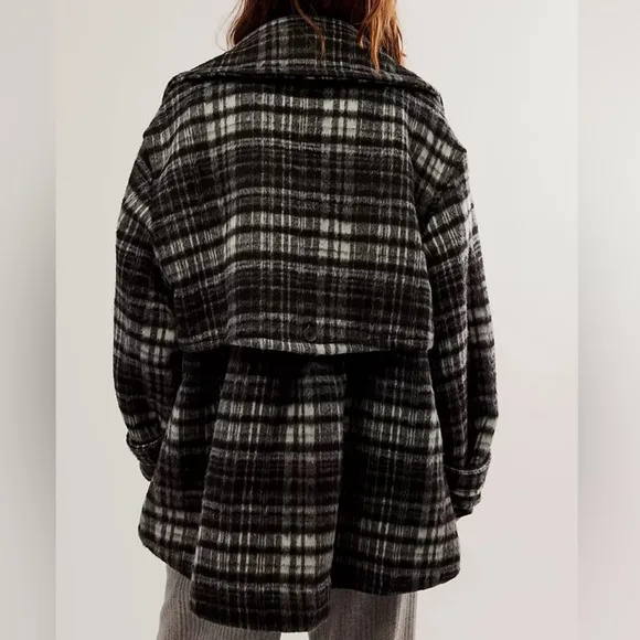 Free People Womens Highlands B/W Wool Blend Plaid Pea Coat Outerwear NWT