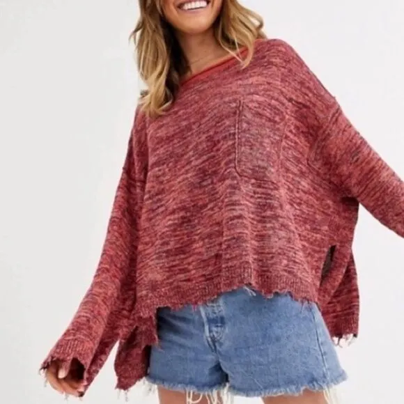 Free People Sweater Pink Prism Space Dye Knit Pullover Flare Cuff Raw Edge Small